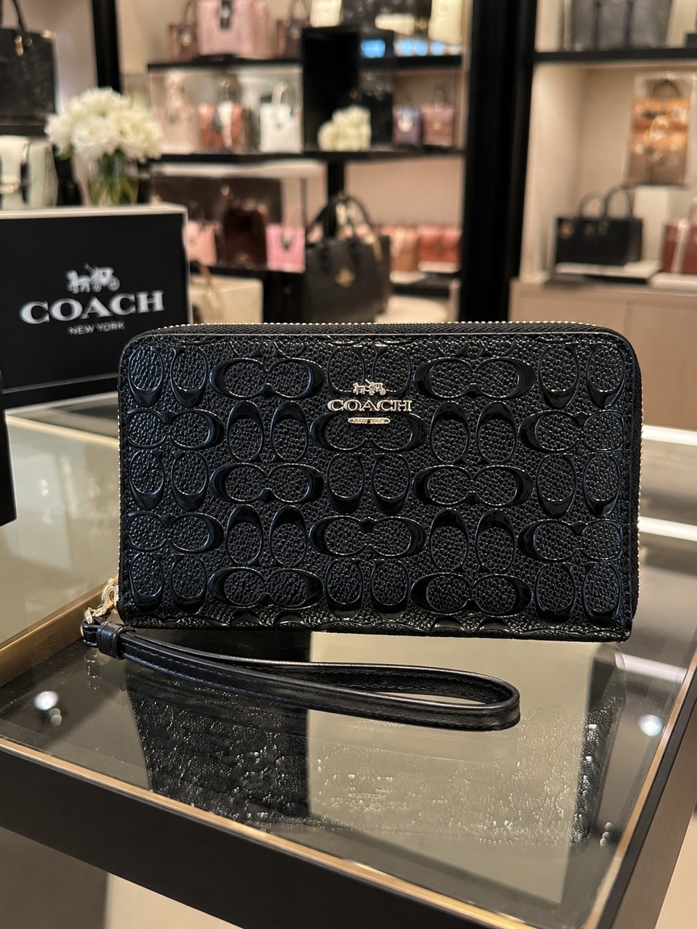 COACH Black Signature Debossed Zip-Around Wristlet Wallet F57469
